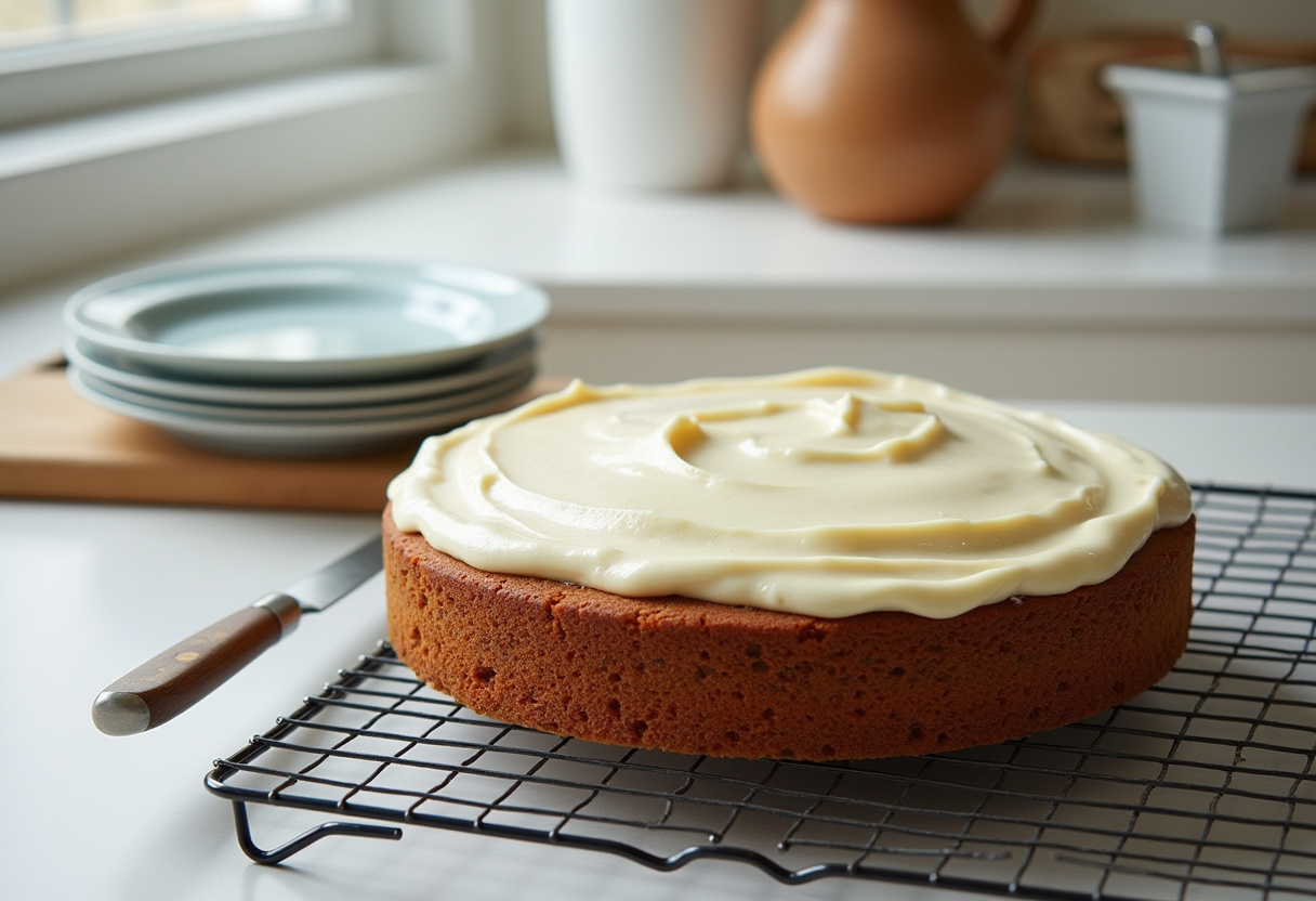 A cooling oatmeal carrot cake on a wire rack in a sunny kitchen, complete with cream cheese frosting and ready to be sliced, emphasizing the homemade baking experience.
