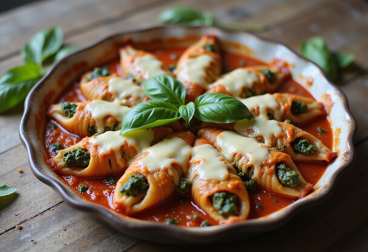 Final presentation of easy spinach and ricotta stuffed shells, showcasing the melted cheese and vibrant garnishes, perfect for a delicious meal.