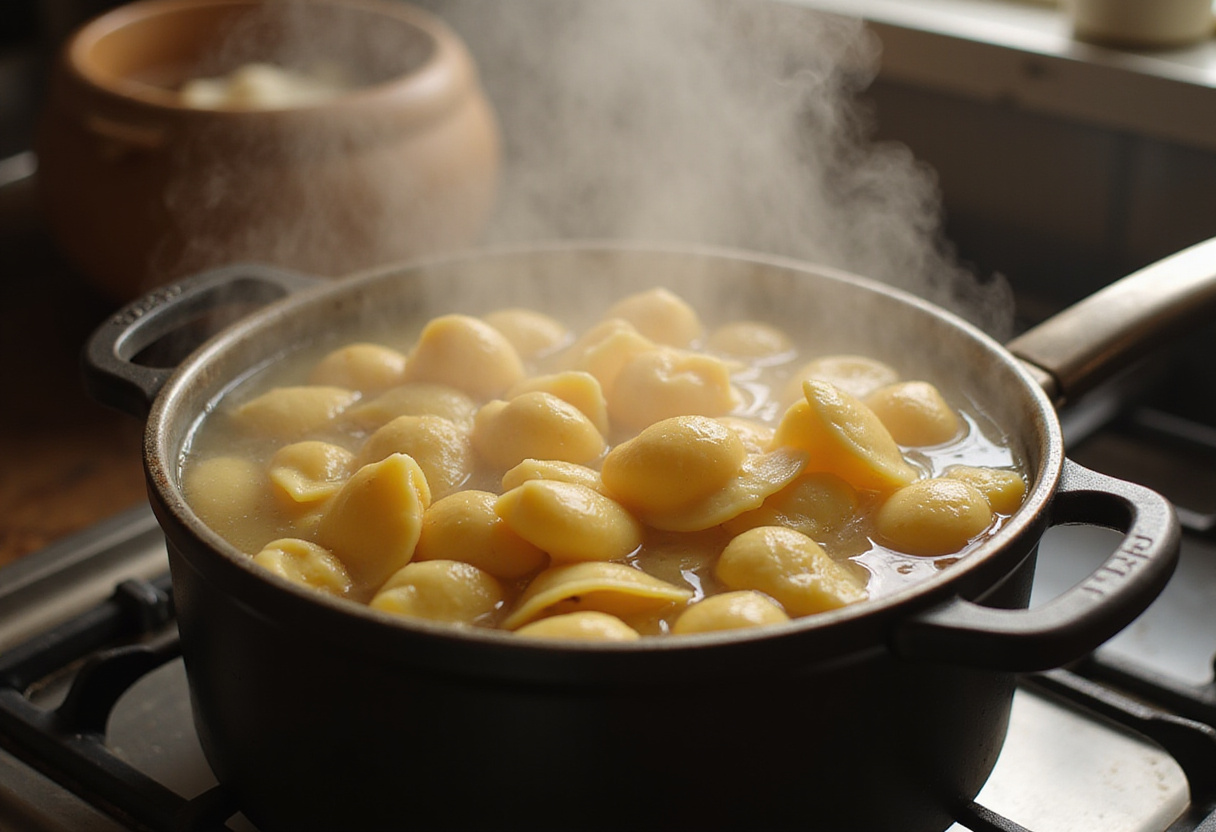 Boiling pasta shells for easy spinach and ricotta stuffed shells, illustrating the cooking process with steam and vibrant pasta.