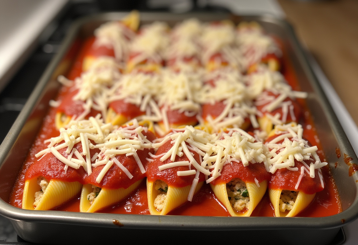 Preparation stage of easy spinach and ricotta stuffed shells topped with marinara sauce and mozzarella cheese, ready to be baked.