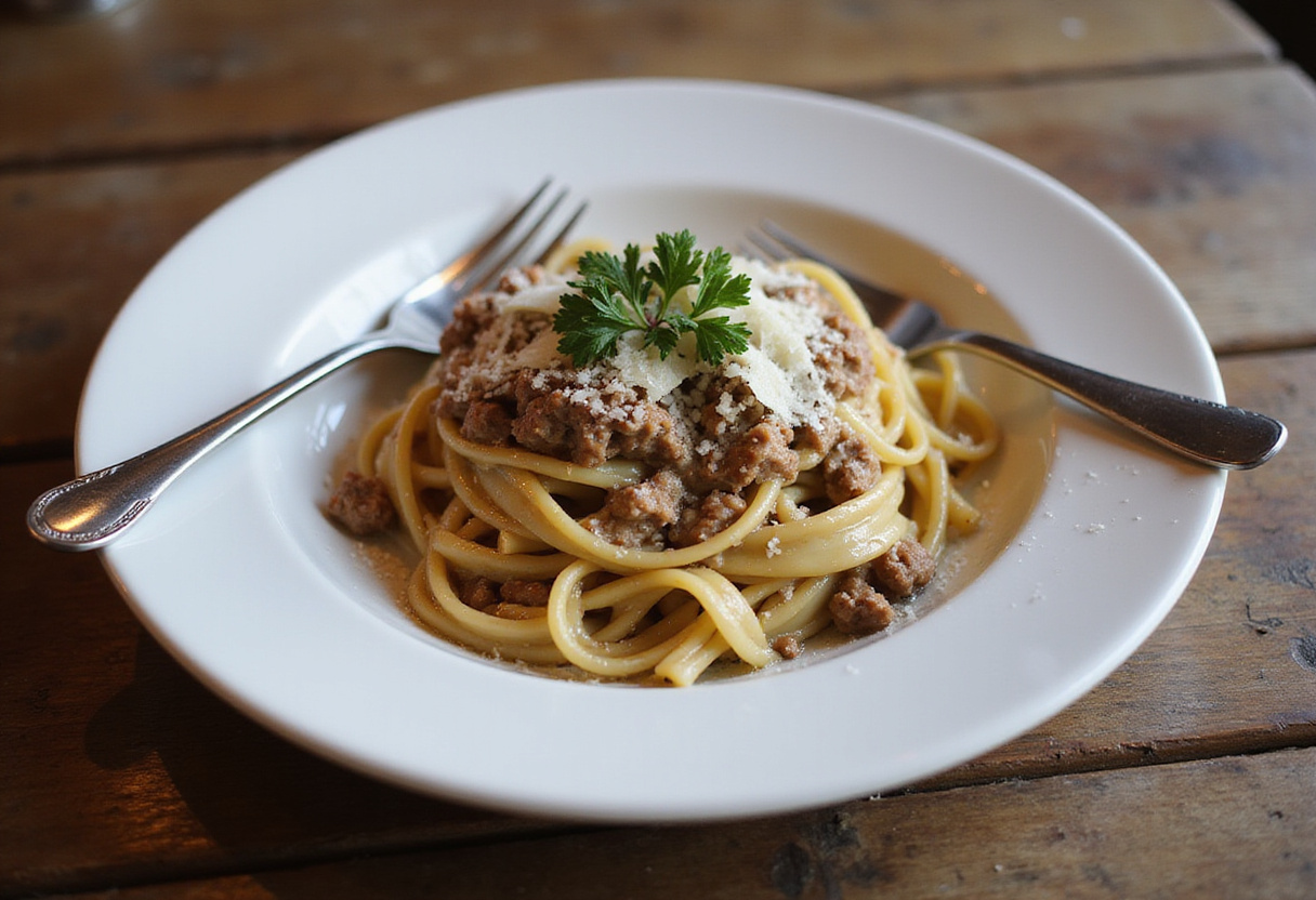 Delicious and creamy ground beef pasta served in a rustic setting, perfect for a one-pan dinner experience.