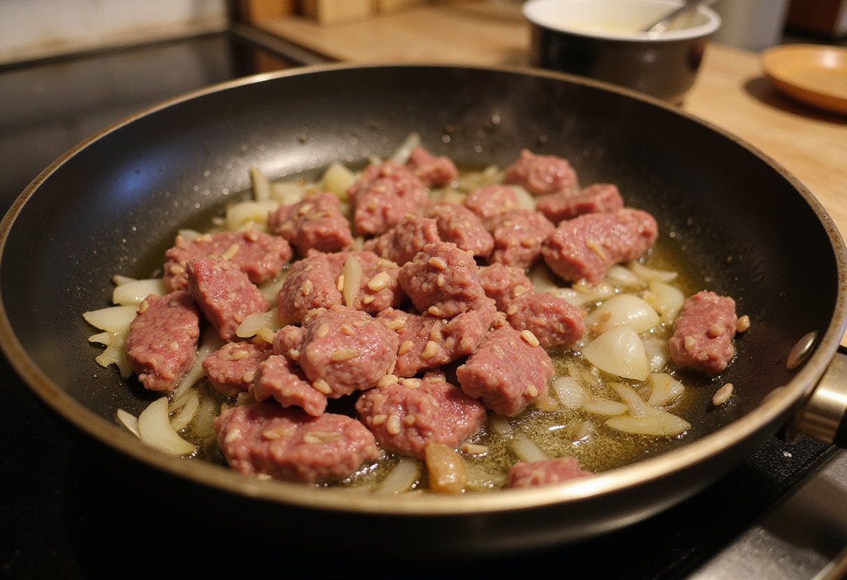 Sizzling ground beef with onions and garlic in a skillet, easy stovetop creamy ground beef pasta preparation.