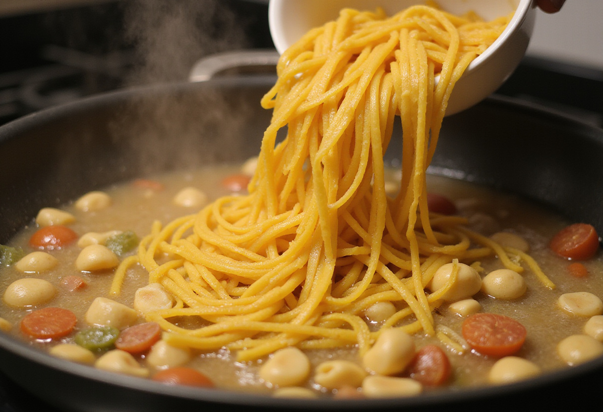 Uncooked pasta and broth being mixed with ground beef in a skillet, one-pan dinner cooking demonstration.