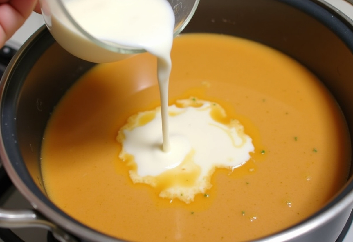 Heavy cream being stirred into the beef and pasta mixture, creating a deliciously creamy sauce for easy stovetop pasta.
