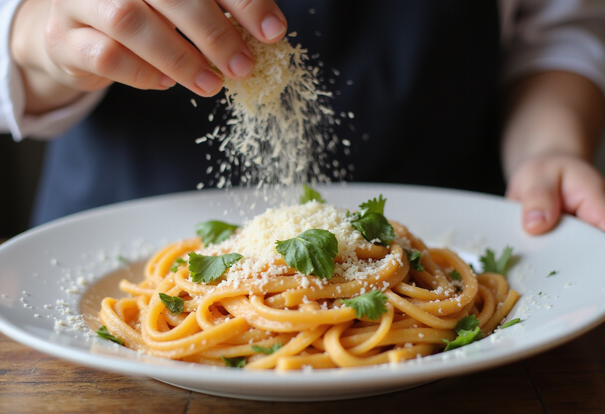 Finishing touches of grated Parmesan and parsley on creamy ground beef pasta, showcasing a flavorful one-pan dinner.