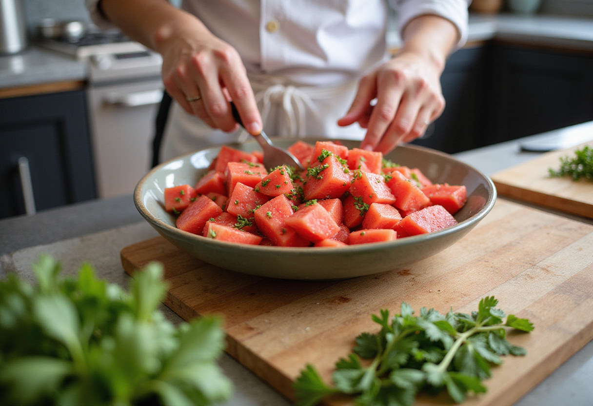 Refreshing watermelon salad preparation with fresh watermelon chunks and a summer kitchen vibe.