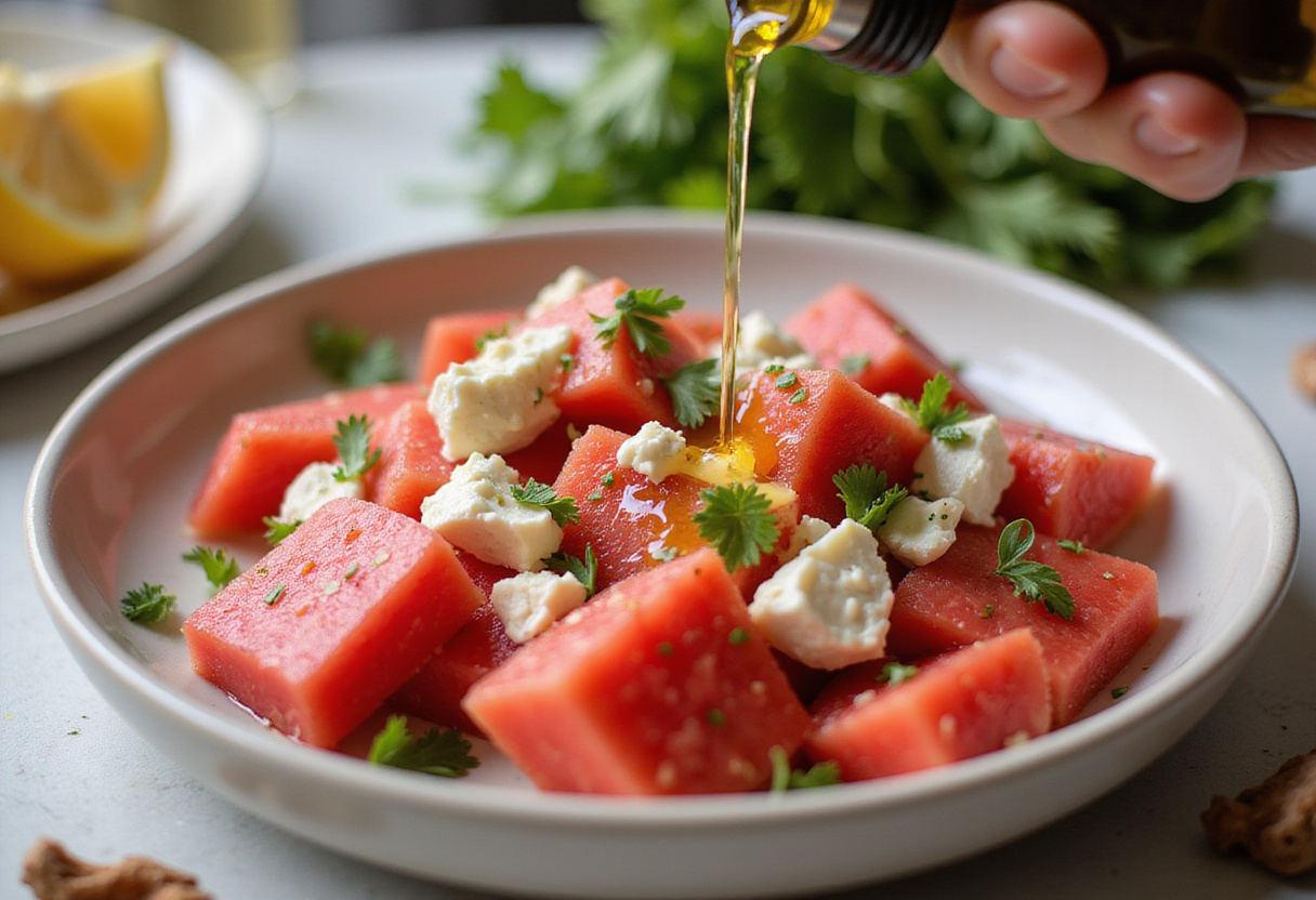 Drizzling olive oil over a colorful watermelon feta salad for a fresh summer taste.