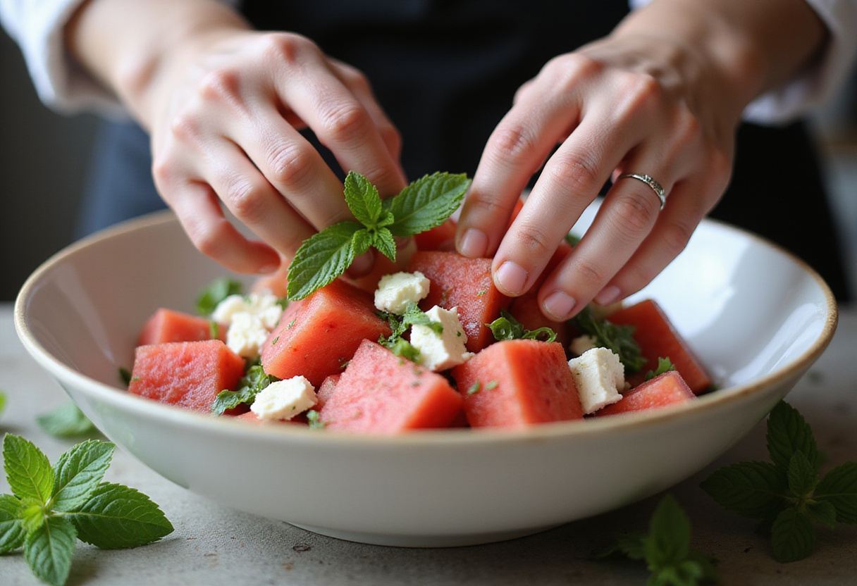Tossing a delicious watermelon feta salad, mixing vibrant colors for a refreshing summer dish.