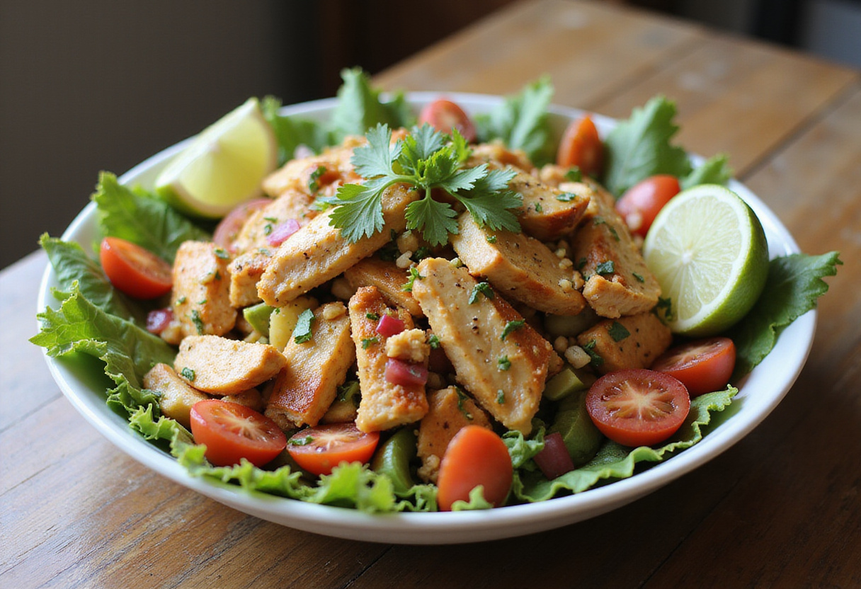 A delicious and enticing Easy Zesty Southwest Chicken Salad Bowl presented on a wooden table, showcasing healthy ingredients and a tempting dressing.
