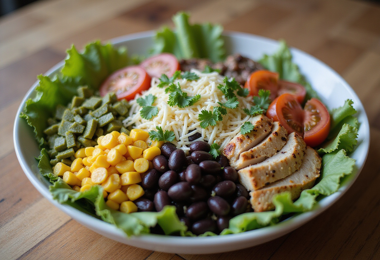 A beautifully layered Easy Zesty Southwest Chicken Salad Bowl being crafted with grilled chicken, vegetables, and toppings.