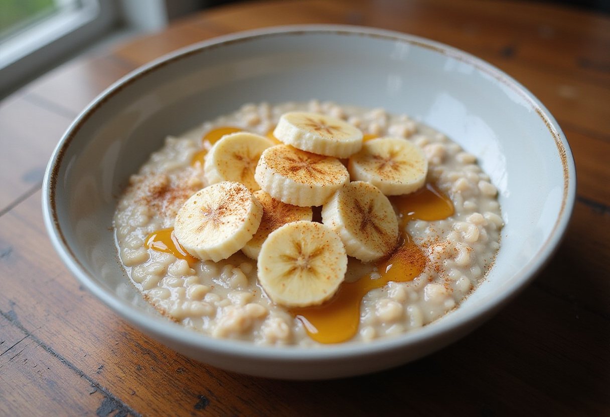 Delicious egg white oatmeal served in a bowl with banana and honey, perfect healthy breakfast display.