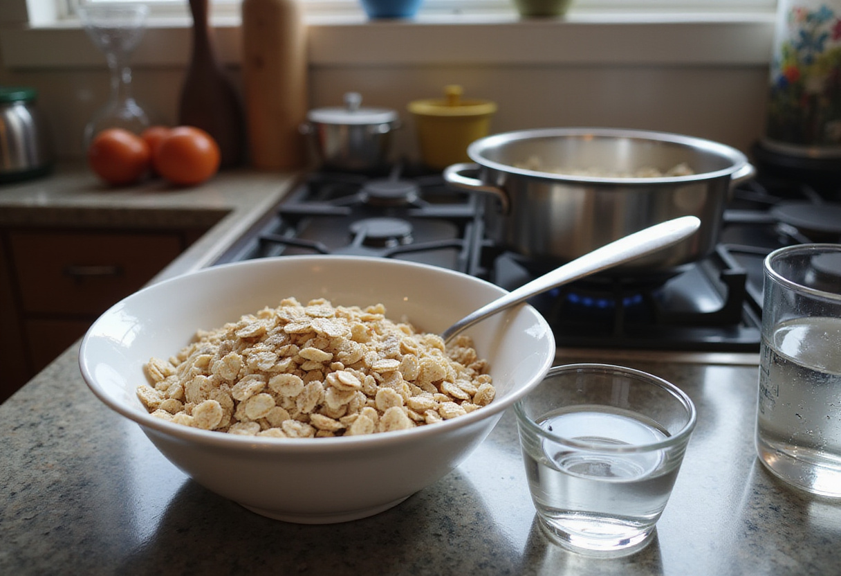 Preparing rolled oats for egg white oatmeal, measuring water in a clean kitchen.