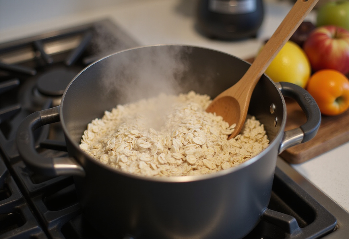 Cooking rolled oats on the stove for a healthy egg white oatmeal recipe, showing steam and ingredients.