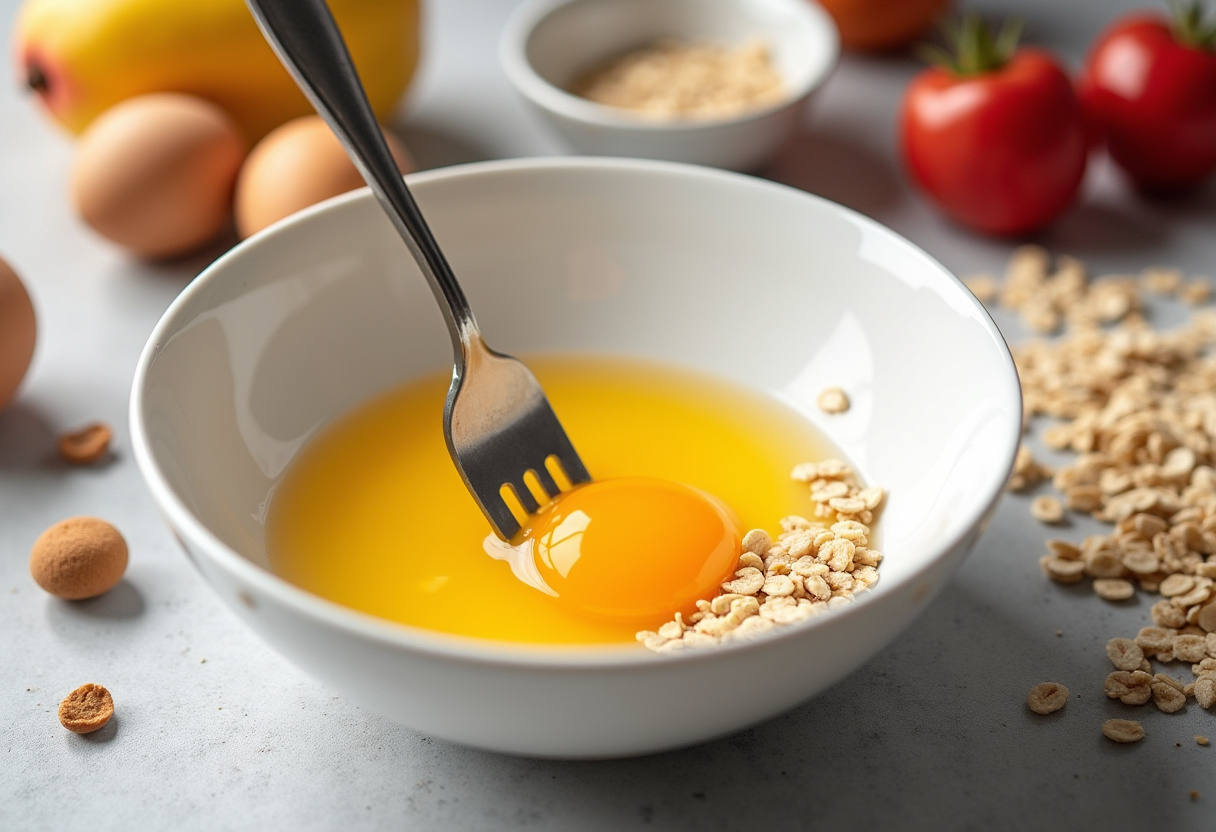 Whisking egg whites for egg white oatmeal, bright kitchen scene with colorful ingredients.