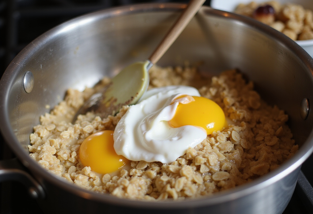 Combining cooked oatmeal and egg whites for a nutritious breakfast, highlighting texture in the kitchen.