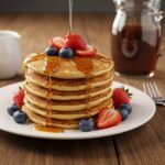 Delicious fluffy pancakes served on a plate with maple syrup and fresh berries, showcasing the final result of the pancake recipe.