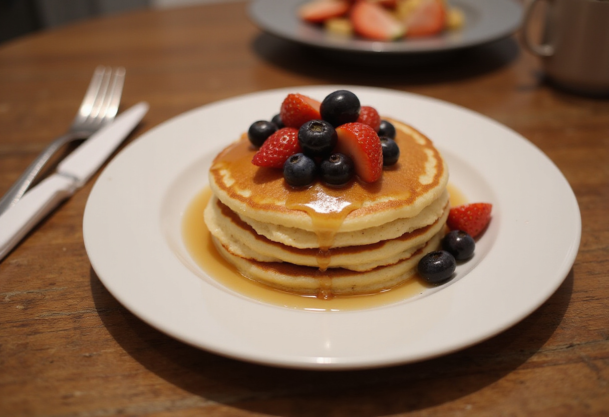 Delicious fluffy pancakes served on a plate with maple syrup and fresh berries, showcasing the final result of the pancake recipe.