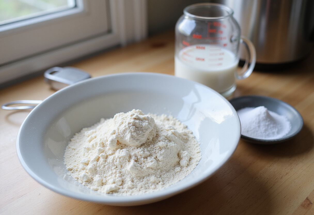 Preparing the ingredients for fluffy pancakes, including flour, sugar, and baking powder in a bright kitchen.