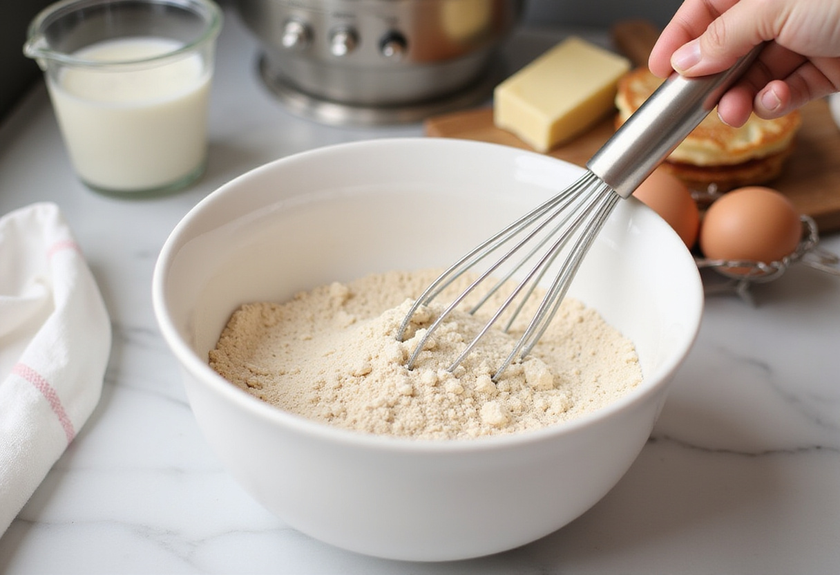 Whisking dry ingredients for pancakes in a spacious kitchen preparation area, showcasing a clean workspace.