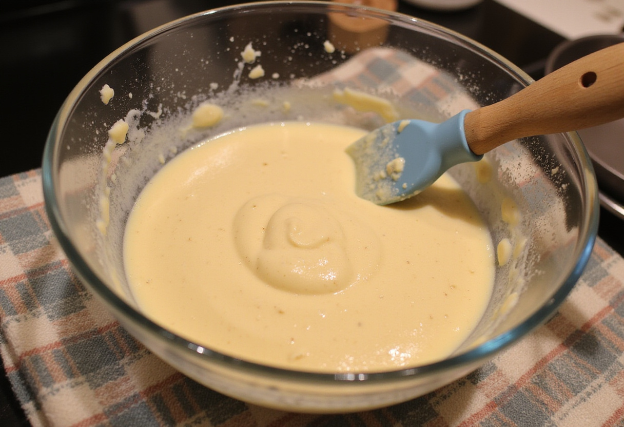 Mixing creamy pancake batter in a spacious kitchen, displaying the process of making fluffy pancakes with fresh ingredients.