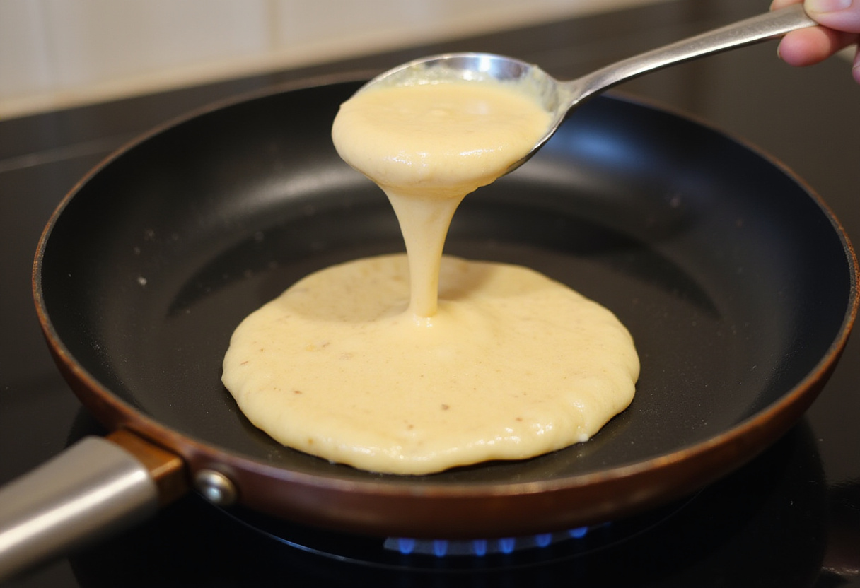 Pouring pancake batter into a hot frying pan, capturing the cooking process of fluffy pancakes with sizzling action.