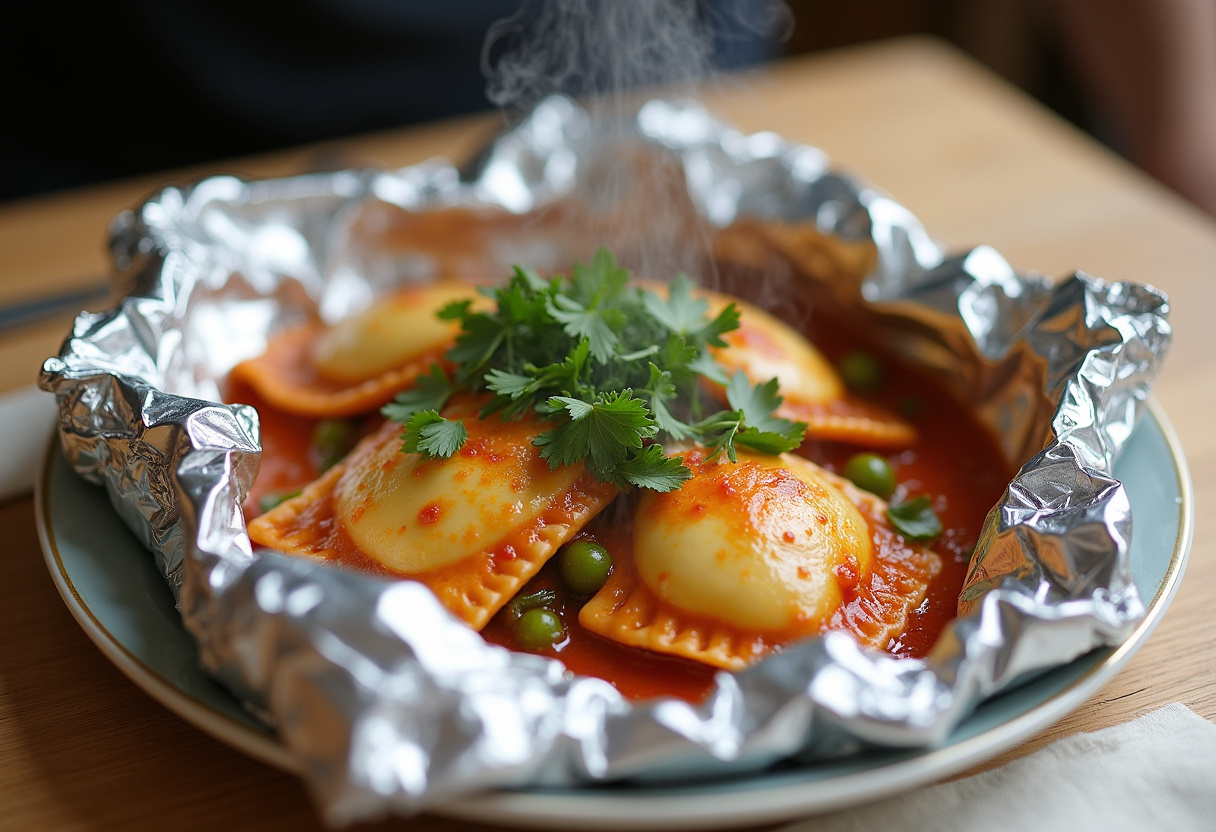 Deliciously cooked foil-pack ravioli dinner served with vibrant vegetables, showcasing an easy and flavorful meal.
