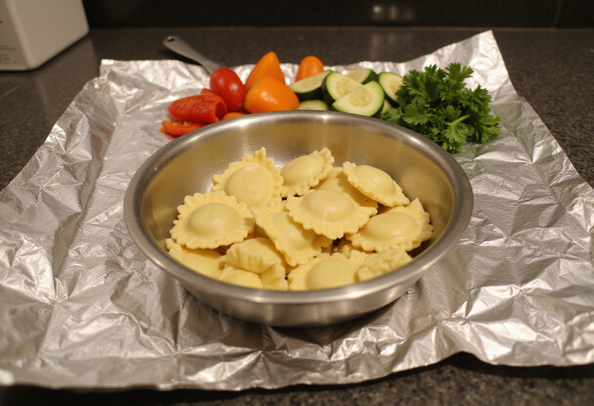 Fresh uncooked ravioli with colorful vegetables on aluminum foil for an easy foil-pack dinner.
