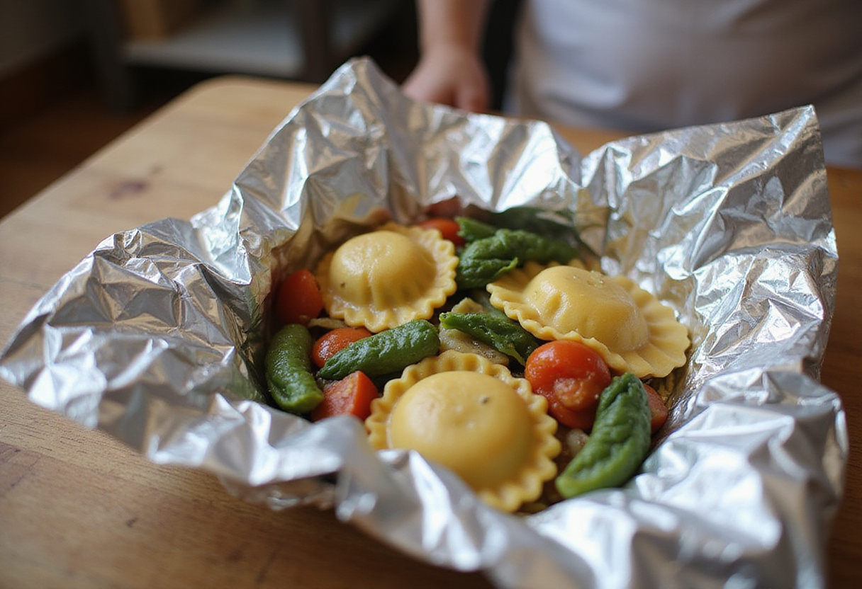 Sealed aluminum foil packet ready for cooking filled with ravioli and fresh vegetables, providing a mess-free dinner preparation.