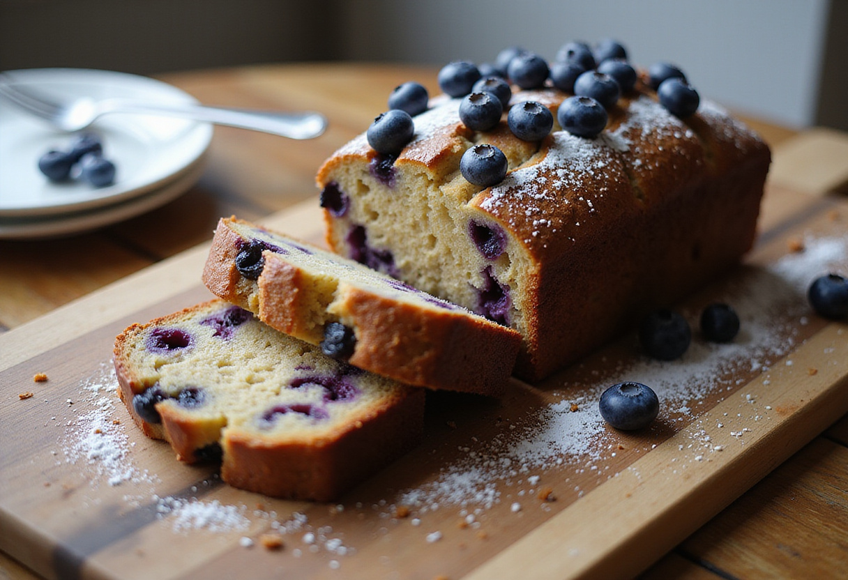 Artfully presented blueberry zucchini bread, showcasing its moist texture and the burst of blueberries, perfect for a delightful snack or breakfast.
