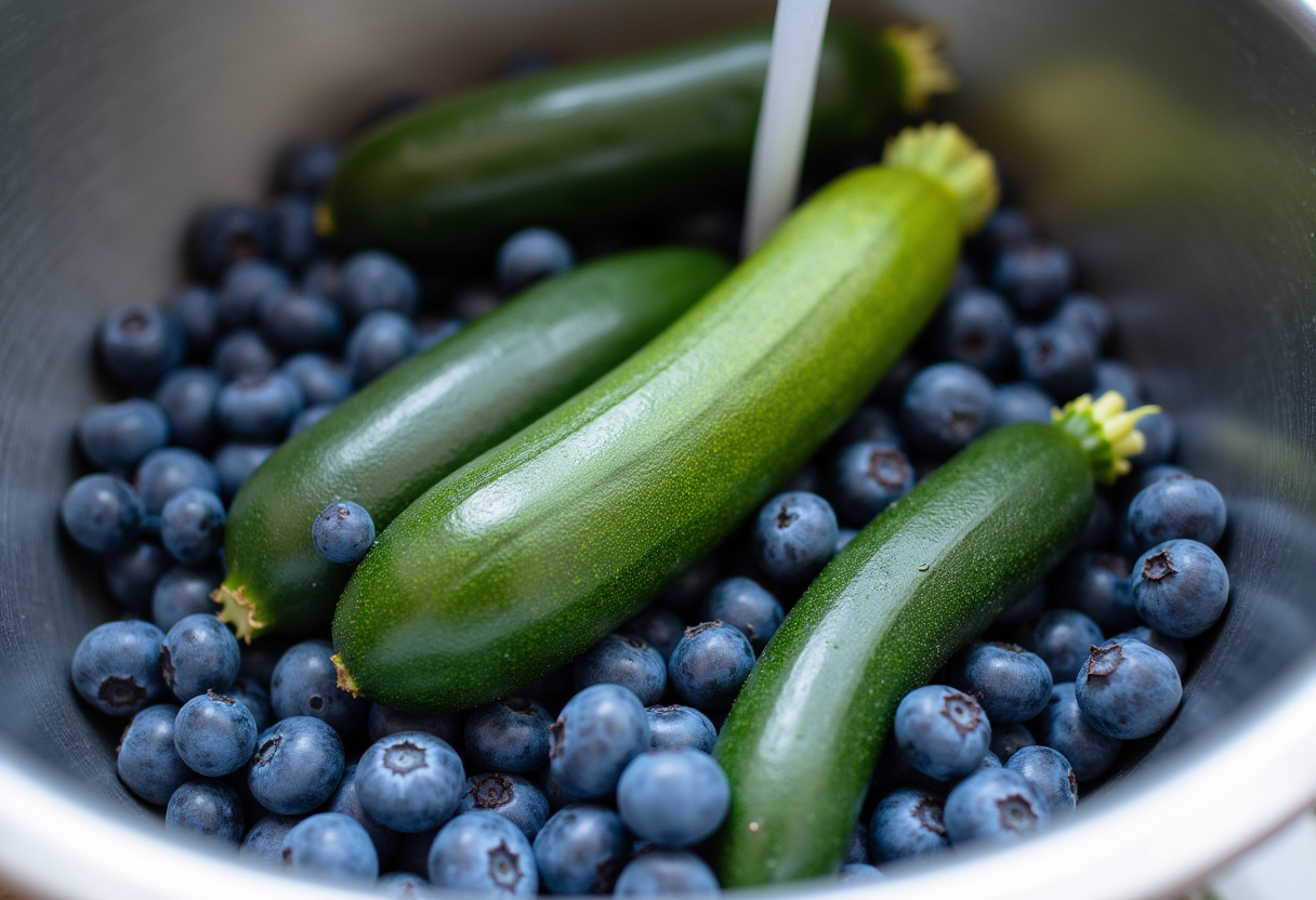 Fresh blueberries and zucchini preparation for delicious blueberry zucchini bread, showcasing vibrant ingredients.