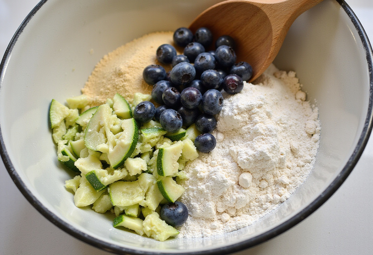 Mixing ingredients for blueberry zucchini bread, highlighting the vibrant colors of zucchini and blueberries in the bowl.