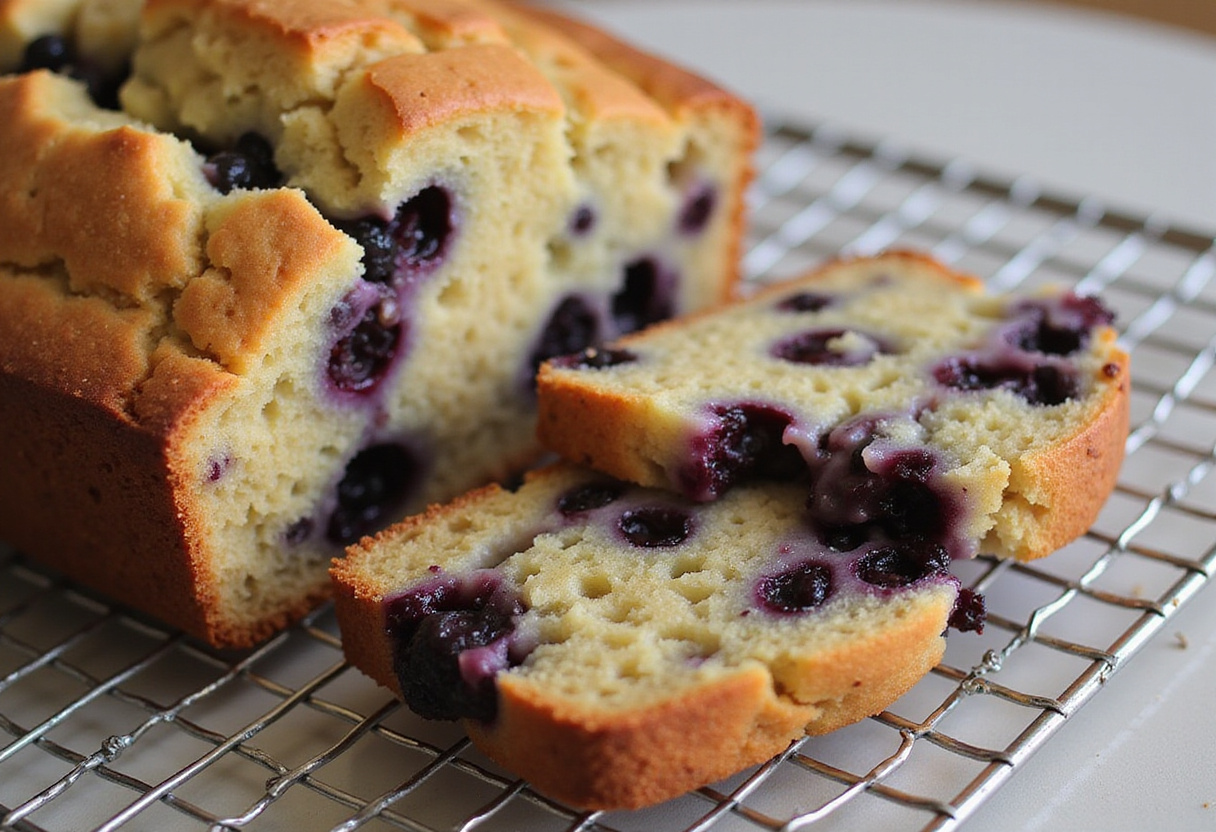 Cooling freshly baked blueberry zucchini bread on a rack, highlighting its delicious texture and the juicy blueberries inside.