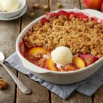 Delicious fresh peach and rhubarb crumble served with ice cream, presenting a mouthwatering dessert ready to be enjoyed.