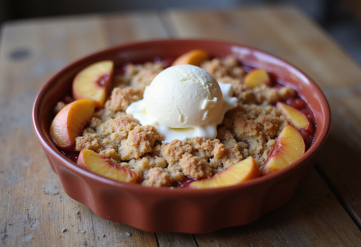 Delicious fresh peach and rhubarb crumble served with ice cream, presenting a mouthwatering dessert ready to be enjoyed.