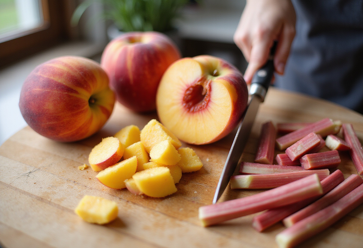 Sliced fresh peaches and rhubarb ready for peach rhubarb dessert preparation, showcasing juicy fruits and vibrant colors.
