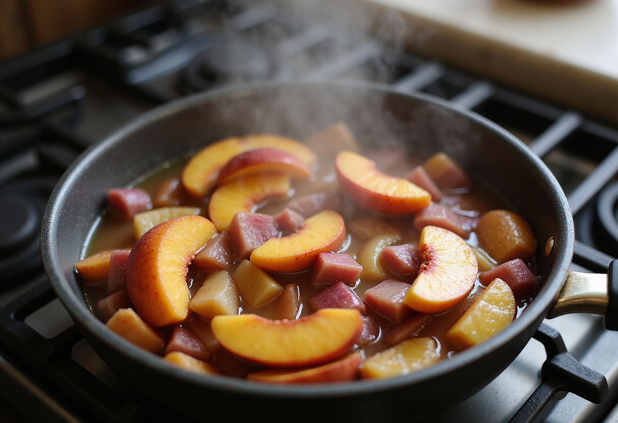 Peaches and rhubarb simmering in a saucepan, illustrating a delicious fruit filling for a peach rhubarb recipe.