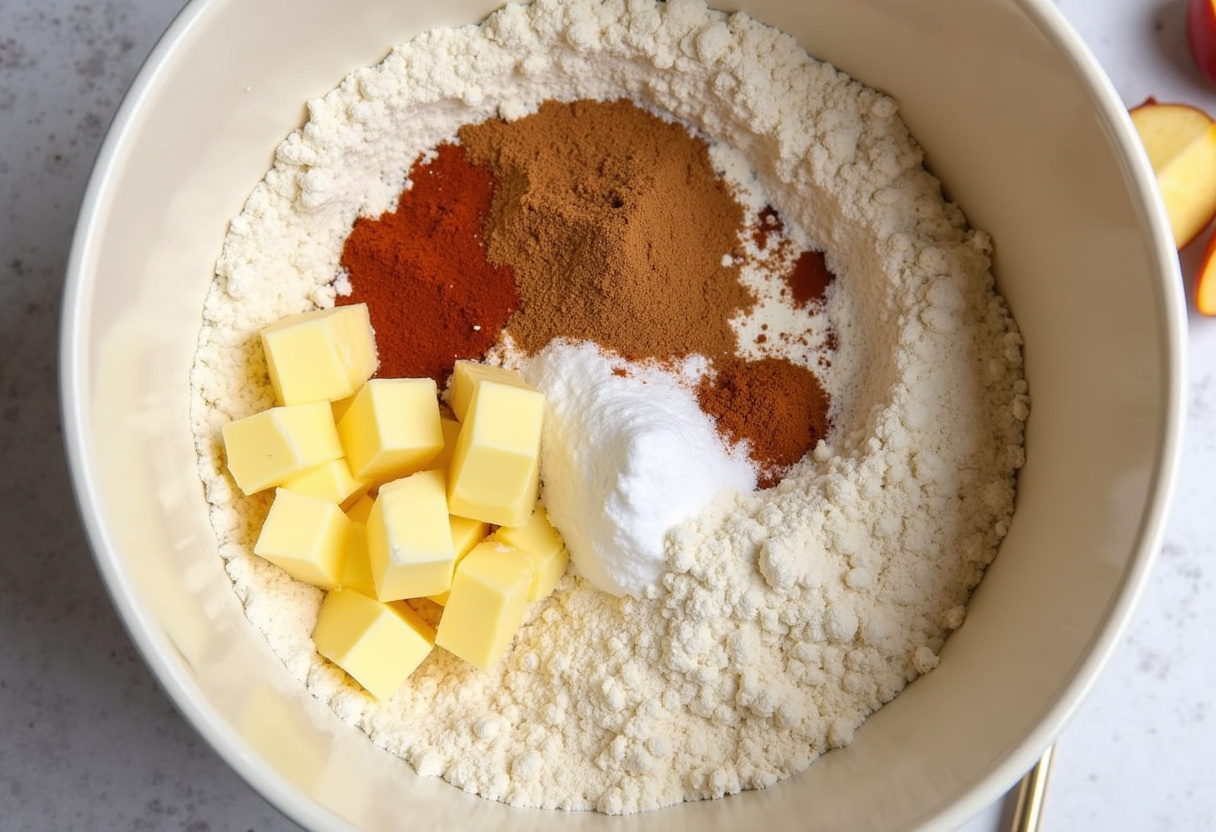 Crumbly topping mixture for fresh peach and rhubarb desserts, highlighting the ingredients for a perfect crumble or pie.