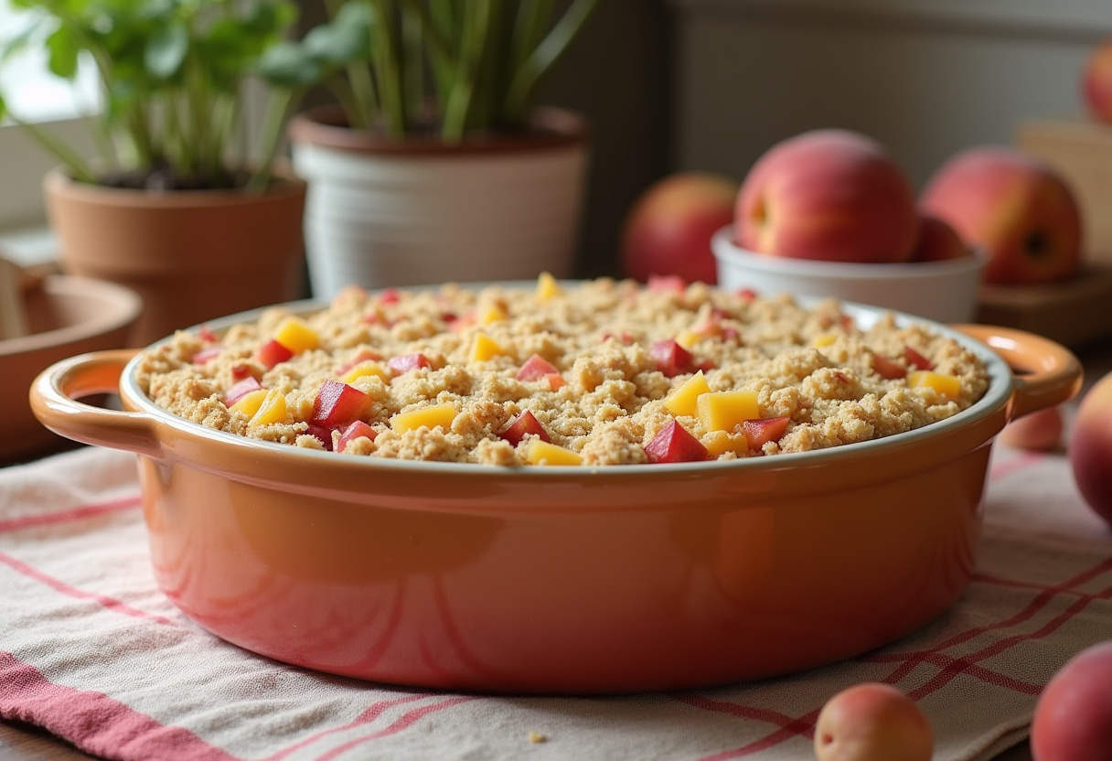 Unbaked peach and rhubarb dessert in a baking dish, showcasing the delicious layering of fruits and crumble topping.