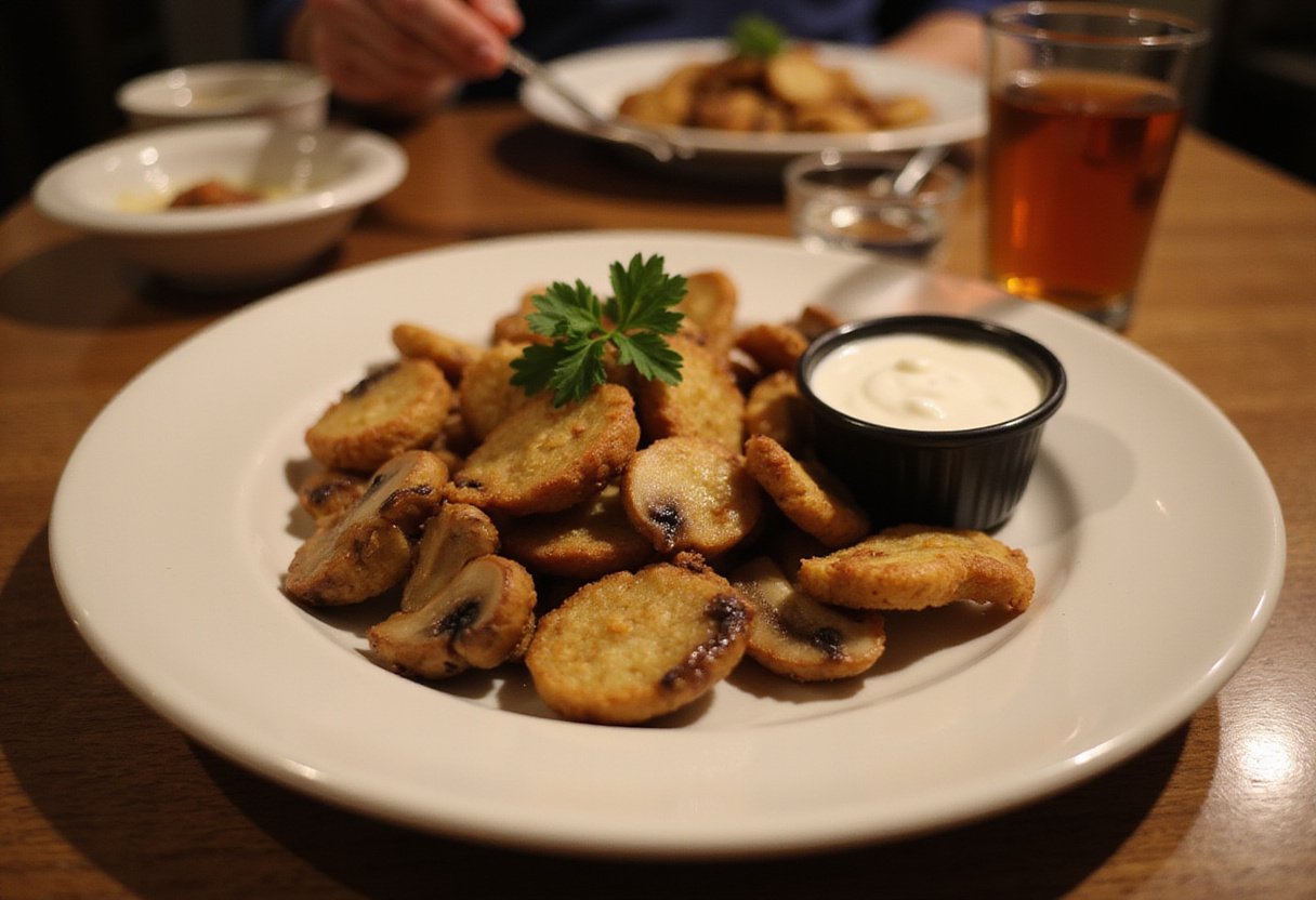 Deliciously fried sliced mushrooms served with ranch dressing, showcasing the final presentation of the dish in a inviting dining setting.