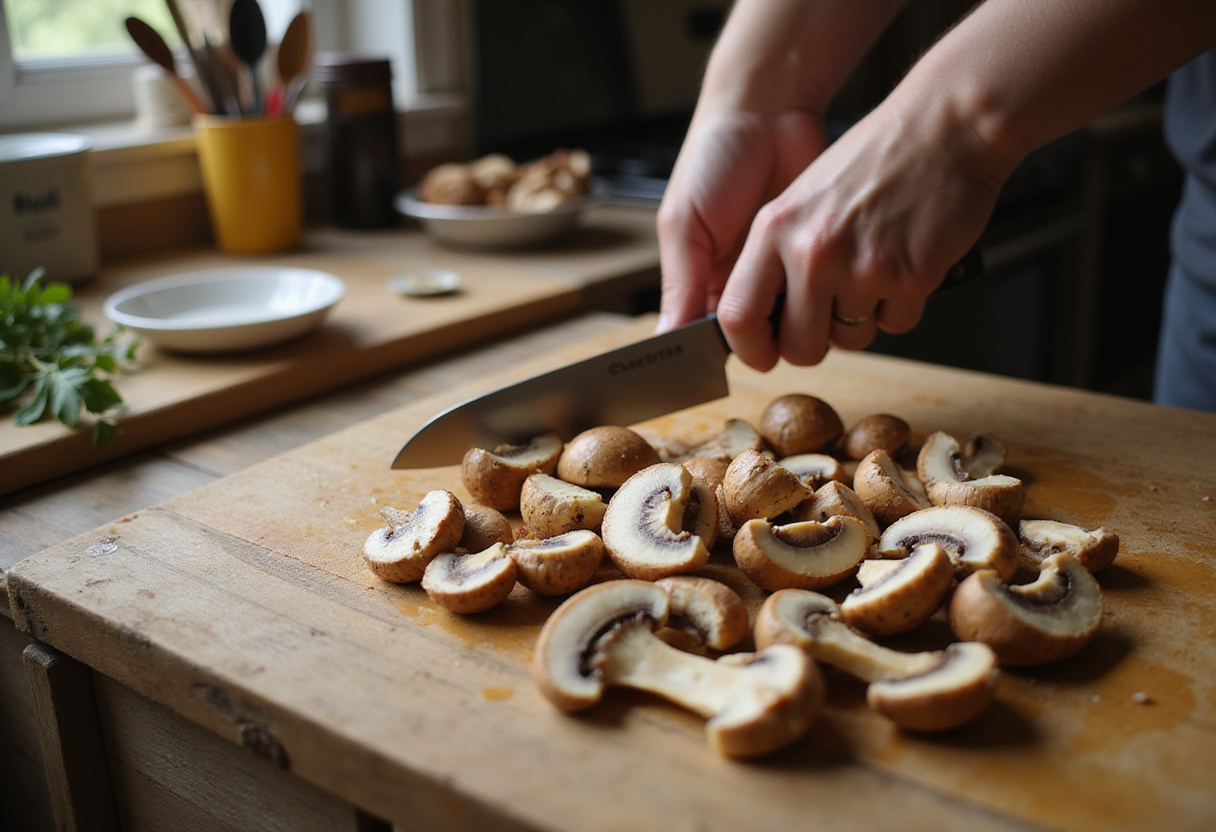 Slicing fresh mushrooms for fried sliced mushrooms with ranch, capturing the preparation stage in a rustic kitchen.