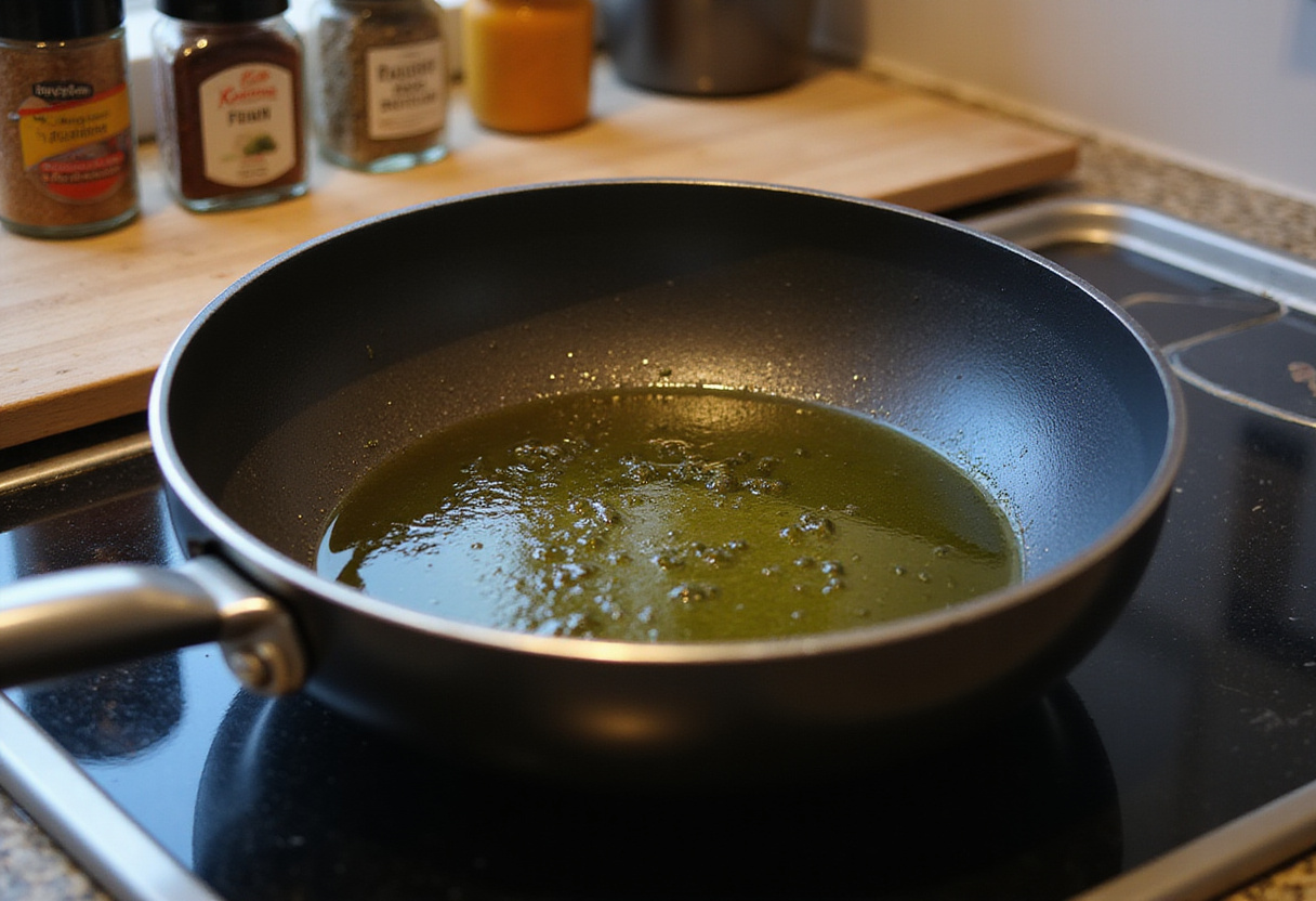 Heating oil in a skillet for fried sliced mushrooms, showcasing the cooking process in a warm kitchen setting.