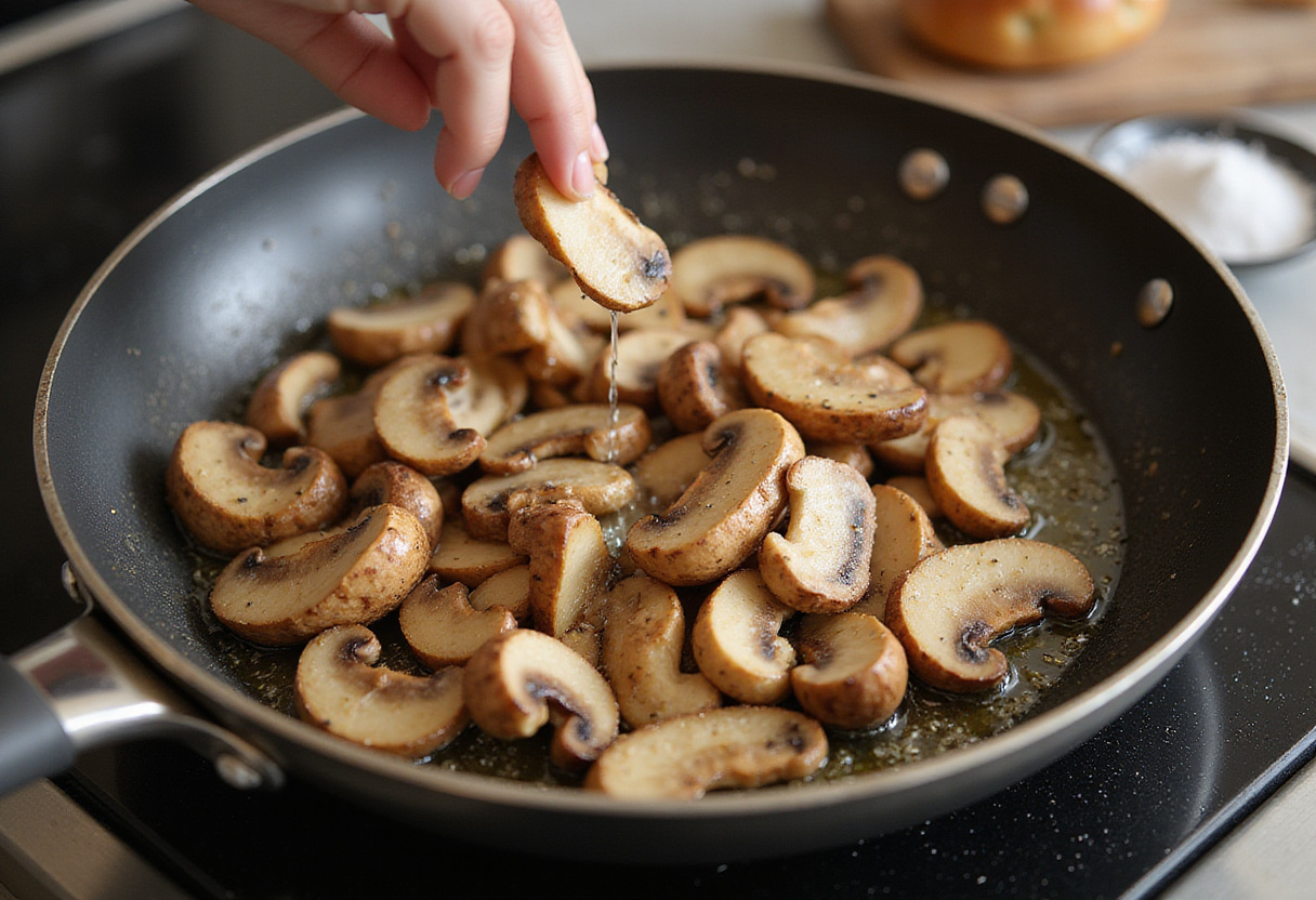 Adding sliced mushrooms to a skillet for frying, illustrating the cooking moment of preparing fried mushrooms with ranch.