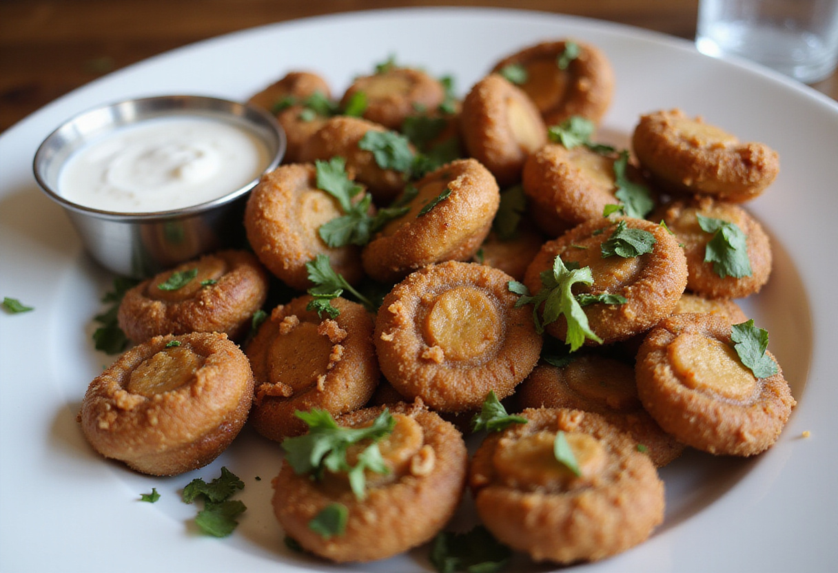 Garnished fried sliced mushrooms ready to be served with ranch dressing, highlighting the finished dish.