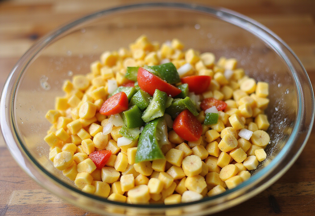 Delicious Frito Corn Salad ingredients: corn kernels, diced bell peppers, onions, and lime juice ready for mixing.