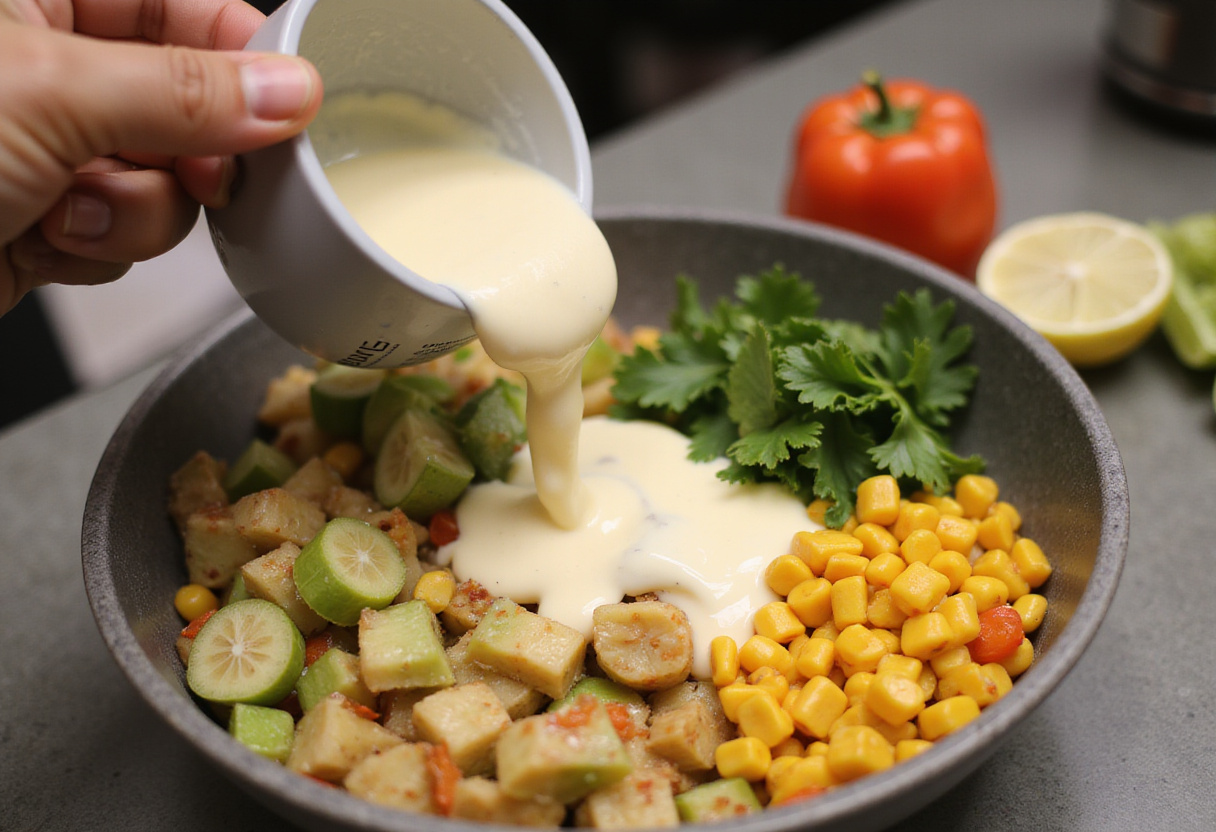 Preparing Frito Corn Salad with a creamy dressing poured over fresh ingredients to enhance flavor and texture.