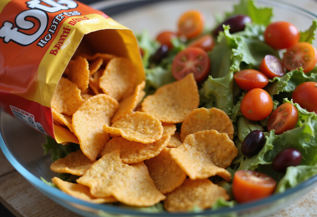 Adding Fritos chips to the colorful Frito Corn Salad for added crunch and flavor in this vibrant side dish.