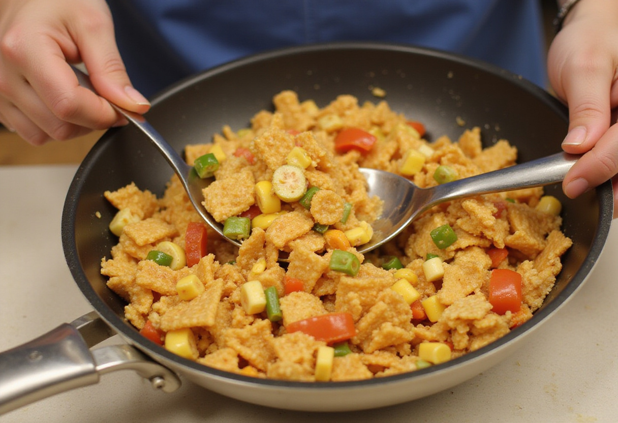 Mixing the Frito Corn Salad thoroughly for a delightful combination of flavors and textures in a refreshing summer dish.