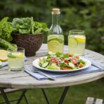 Enjoying a garden-to-table summer meal outdoors with a vibrant salad made from fresh vegetables and refreshing drinks, perfect for summer gatherings.