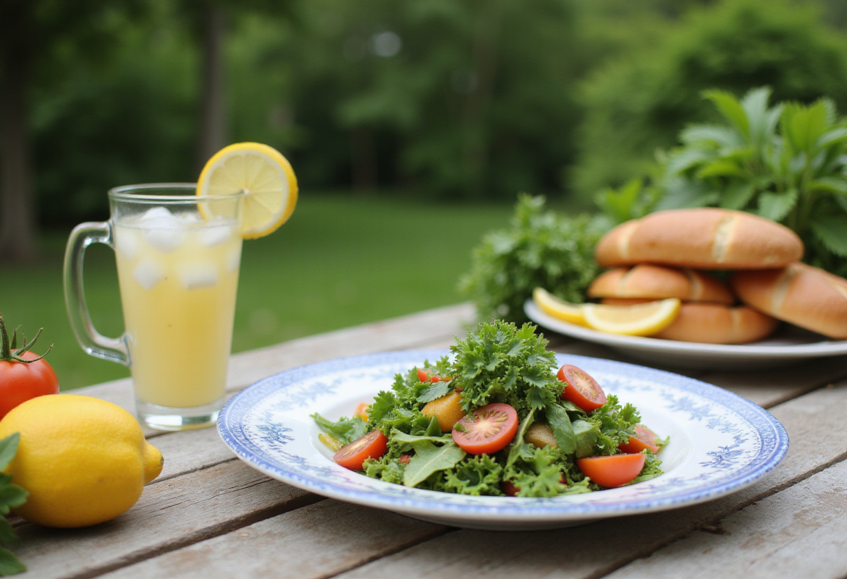 Enjoying a garden-to-table summer meal outdoors with a vibrant salad made from fresh vegetables and refreshing drinks, perfect for summer gatherings.