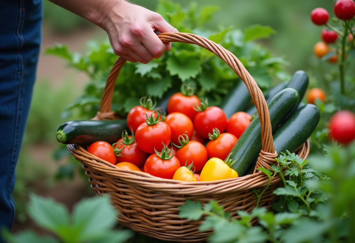 Harvesting fresh vegetables from the garden for summer recipes, showcasing a colorful mix of tomatoes, zucchini, and peppers.